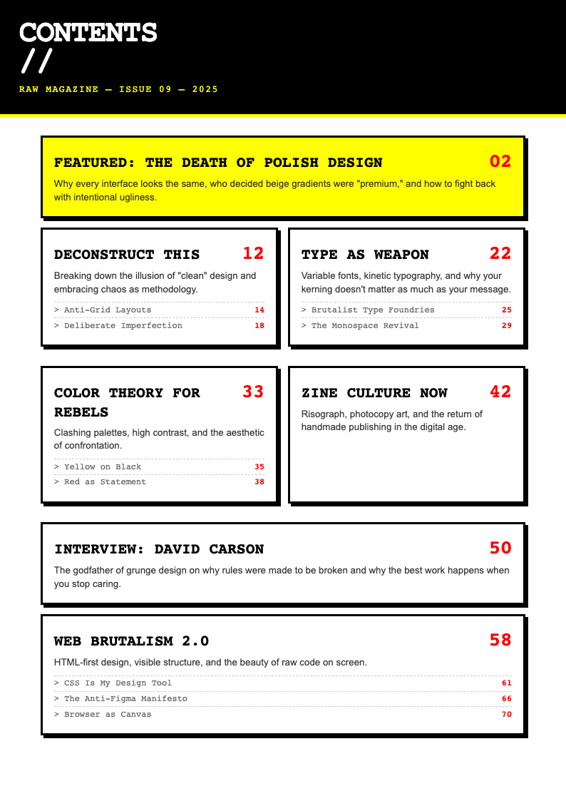 Neo Brutalist Table Of Contents With Content